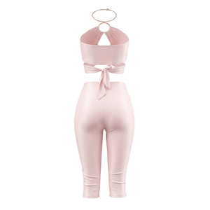 Viviblook C26ST219 Women <b>Set</b> New <b>Sexy</b> Sleeveless Solid Color Hollow Halter Tank Top Tight Cropped Pants Two Piece <b>Set</b> - Product Image 6