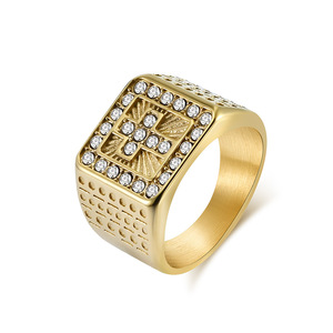 Hip Hop <b>Titanium</b> Steel 18K Gold Plated Cross <b>Ring</b> With Diamond Pave Setting For Men's Jewelry Gift - Product Image 1