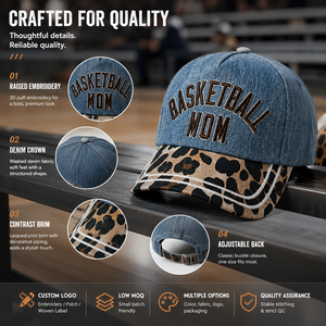 Casquette de baseball 5 panneaux Dymf en denim pour maman, équipement de fan avec patchwork léopard, visière réglable, en coton, vente en gros - Product Image 2