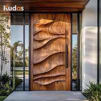 Porte d'entrée pivotante simple en bois massif sculpté à la main, design vague 3D de luxe, moderne, sur mesure pour villa, sculpture artisanale en bois