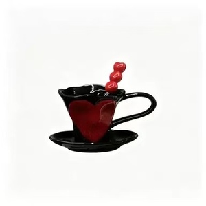 Embossed Heart Ceramic Coffee <b>Cup</b> Saucer Set, Hand Pinched Mug Dessert Plate Afternoon Tea Tableware Home Decor Gift - Product Image 1