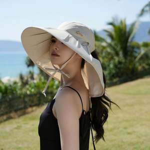 Sombrero de pescador de ala ancha para mujer, protección solar para el cuello, para verano, con orificio para cola de caballo y cordón, venta al por mayor - Product Image 4