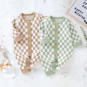 Checkered Baby Grow Long Sleeve Single Breasted Sweater Romper For Baby