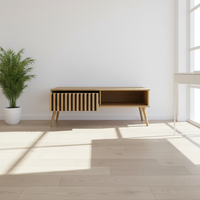 Table basse moderne en bois avec porte coulissante à lattes, certifiée FSC, design rectangulaire, pliable, facile à nettoyer, durable, meubles de salon