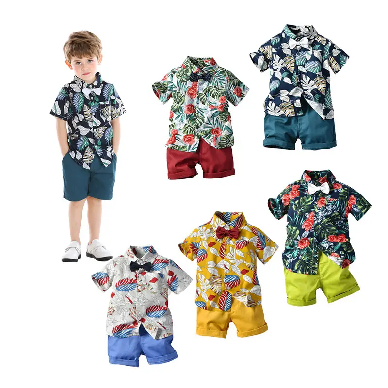 Детская одежда в западном стиле из двух предметов, одежда для мальчиков, рубашка с цветочным принтом, модные шорты с галстуком-бабочкой и карманами