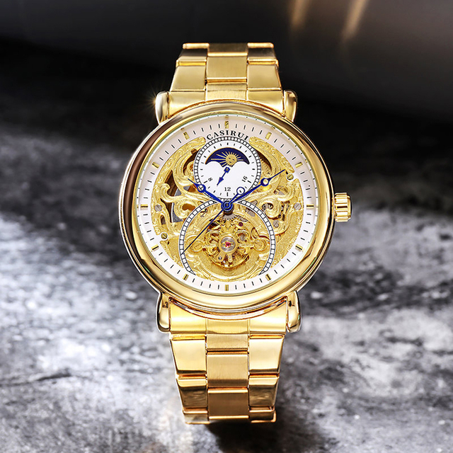 White Golden Skeleton Stainless Steel Men's Mechanical Watch Waterproof Design with Blue Hands Case Luxury Dial Window Display