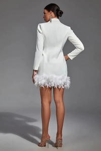 Vestido Blazer Corto con Plumas Blancas de Diseño de Moda de Londres, Vestido Casual para Mujer para Ocasiones Formales, Oficina y Trabajo con Bolsillos - Product Image 6