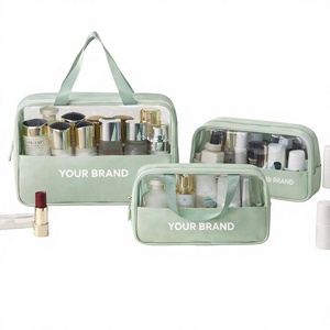 Customizable Logo Letter Fashion Travel Storage <b>Makeup</b> <b>Bag</b> Soft Handle PVC Waterproof <b>Large</b> Capacity Zipper Closure for Daily - Product Image 1