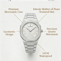 Montre de sport biocéramique haut de gamme OEM, verre texturé nacre, design géométrique, mouvement à quartz, étanche 3 ATM