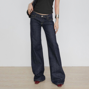 Pantalon cargo en jean Y2K uni respirant décontracté taille haute coupe droite ample jambe large boutonné pour l'été - Product Image 1