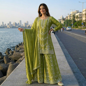 Vestido Sharara Verde Oliva con Bordado Intenso, Traje Indio para Invitadas de Boda, Conjunto para Mehndi y Haldi - Product Image 1