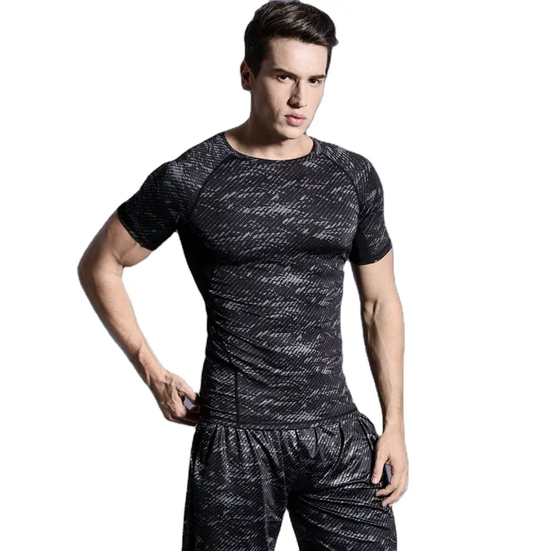 Camiseta deportiva de poliéster y LICRA para hombre, ropa deportiva para entrenamiento de culturismo, correr, fitness, gimnasio, ajustada, negra