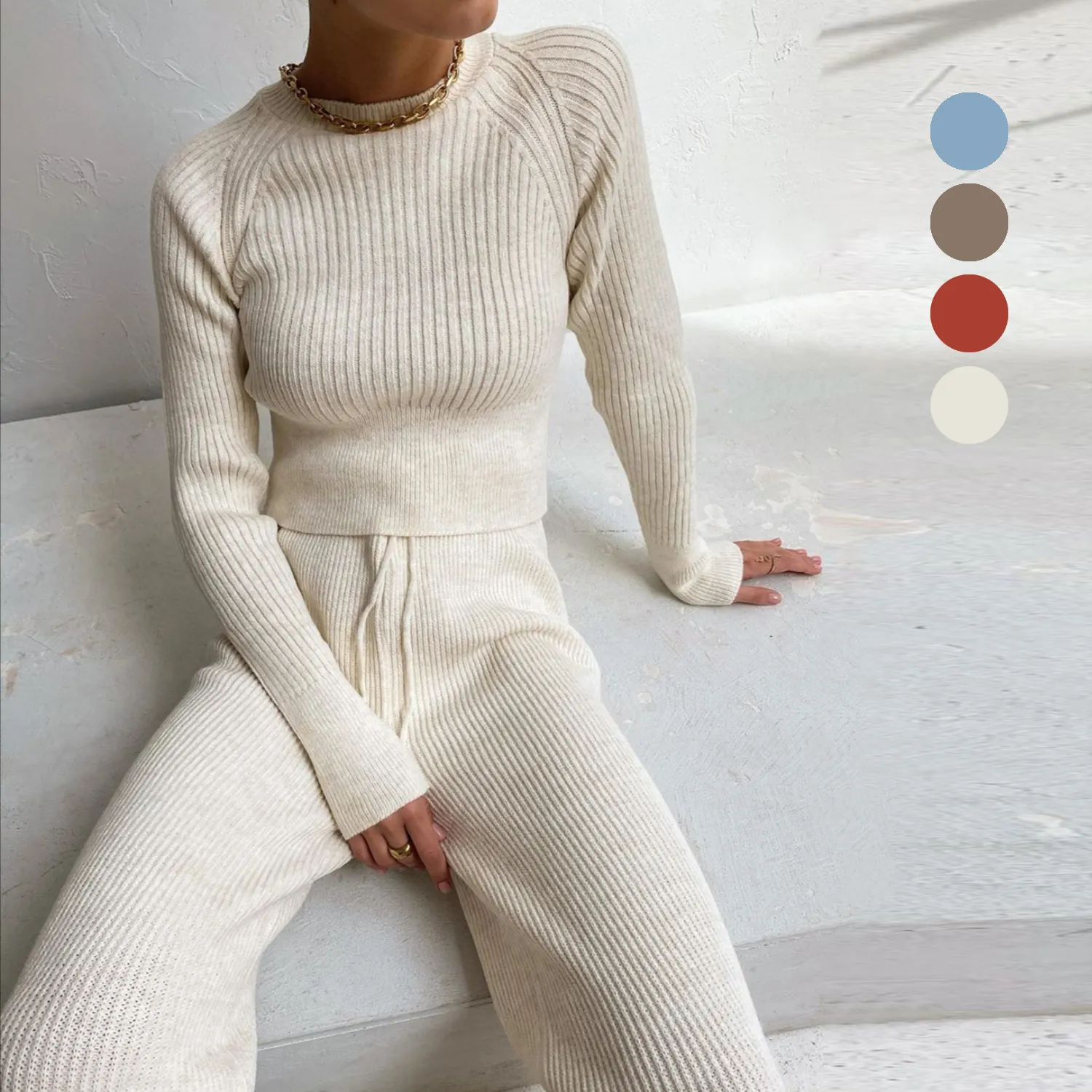Maglione da donna OEM Twin Set personalizza Pullover lavorato a maglia a maniche lunghe da donna Casual e Set di pantaloni lunghi Set di maglioni da donna lavorati a maglia