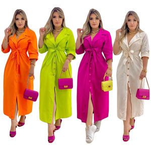 Robe chemise longue décontractée à manches mi-longues et simple boutonnage de couleur vive pour femmes et dames, robe chemise Maxi élégante, <span class=keywords><strong>2022</strong></span> - Product Image 1