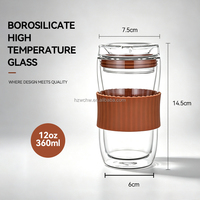 Tasse à café en verre borosilicate double paroi de 360 ml, durable, avec manchon et couvercle en silicone – Meilleure vente