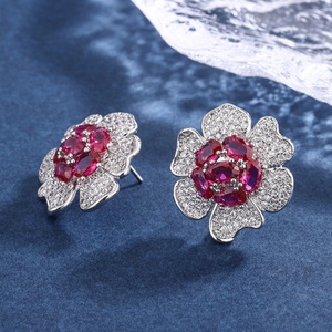 Fashion Statement Jewelry Eco-friendly Copper Silver Plated Micro Pave Oval Cut <b>Red</b> Zircon Large Flower Stud <b>Earrings</b> for Women - Product Image 5