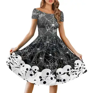 Impression à la demande robe à manches courtes à épaules dénudées montrant la clavicule parfaite dans la jupe squelette Halloween Spider Rose