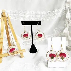 Wholesale Fashion Silver gold irregular real birth month flower in resin epoxy rose earring necklace jewely set