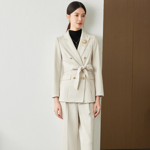 Women's Wool Suit Set Solid Color Double Breasted Blazer With Belt Pants Anti-Wrinkle Formal Wear - Product Image 4