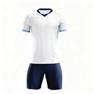 Conjunto de Uniforme de Fútbol DEZE con Bloques de Color y Cuello en V, Camiseta de Manga Corta, Pantalones Cortos Azul Marino, Secado Rápido, para Entrenamiento y Partido, Personalizable para Equipos - Product Image 1