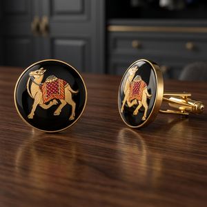 Gemelos de latón esmaltado con diseño de camello del desierto, hechos a mano estilo Rajasthan, para hombre, en negro y dorado, ideales para bodas, aniversarios y fiestas. - Product Image 4