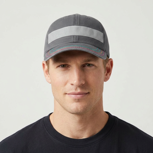 Custom High-Visibility Reflective Stripe Sporty <b>Baseball</b> <b>Cap</b>-6 Panel Breathable Comfort <b>Grey</b> Cotton Sports Multi-Color Brim - Product Image 1