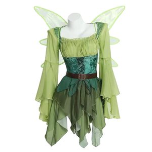 Costume da Elfo Medievale Verde per <span class=keywords><strong>Donna</strong></span>, Abito Magico da <span class=keywords><strong>Fata</strong></span> con Cintura e Ali per Halloween e Cosplay - Product Image 1