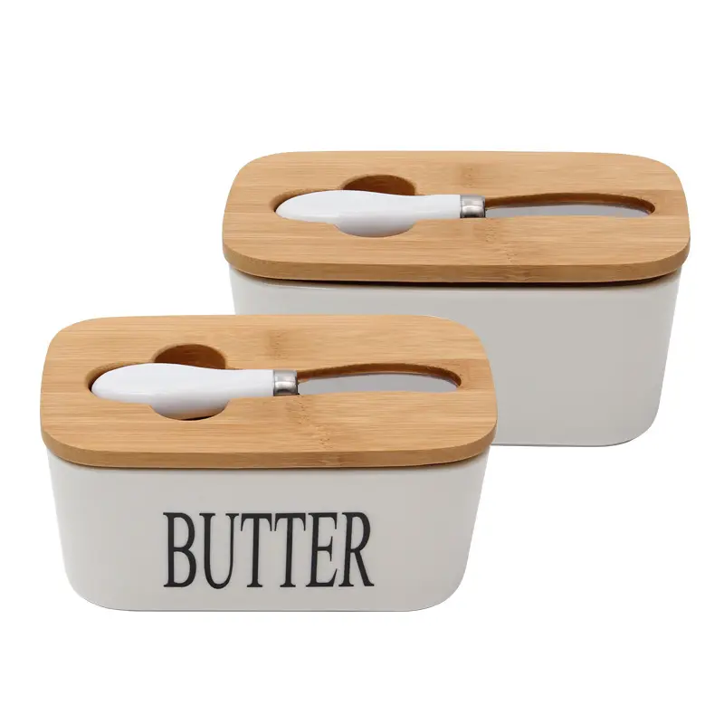 Custom Large Butter Box Rectangle Butter Container Ceramic Butter Dish With Knife And Wooden Lid