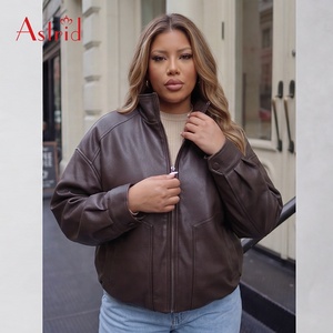 Blouson Bomber Femme Grande Taille Marron <span class=keywords><strong>en</strong></span> Similicuir Imperméable Décontracté à Col Montant avec Fermeture Éclair et Boutons, Teint Uni, pour l'Automne - Product Image 3