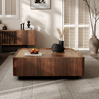 Table basse carrée moderne minimaliste NOVA en bois massif noyer avec 2 tiroirs de rangement, meubles de salon