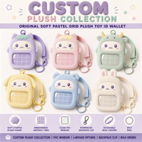 Porte-cartes PVC personnalisé ODM en peluche, jouet en peluche, mascotte, avec clip de lanière, motif quadrillé pastel doux, portefeuille d'identification, vente en gros premium