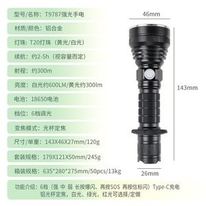 T987 Strong <b>Light</b> Flashlight T20 <b>Led</b> 18650 Rechargeable Aluminum Body Type C Charging Outdoor Use - Product Image 1