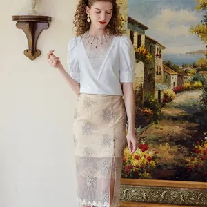 Falda recta con abertura frontal bordada para mujer, elegante