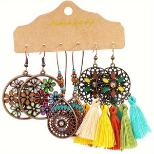 Boucles d'oreilles pendantes géométriques en alliage, style bohème, pour femmes, ensemble de bijoux de fête, plaqué bronze antique - Product Image 5