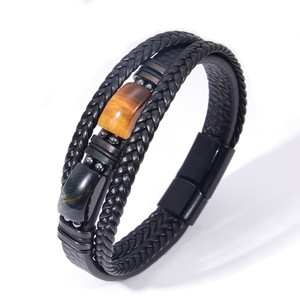 สร้อยข้อมือไทเกอร์อายสำหรับผู้ชาย หนังหลายชั้น หินธรรมชาติ ตัวล็อคแม่เหล็ก ของขวัญ เครื่องประดับ 7.5 8.5 9 นิ้ว - Product Image 3