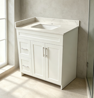 Meuble-lavabo moderne de style nord-américain (Canada, États-Unis), entièrement assemblé, avec vasque en pierre blanche, à poser au sol, en MDF résistant à l'eau