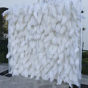 H557 Custom 8 Feet Cream White Blue 3D Artificial Ostrich Feather Wall Roll Up Flower Wall Backdrop for Wedding Restaurant Decor