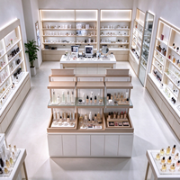 Étagère à cosmétiques en bois clair blanc, trois niveaux ouverts, dessus en verre, armoire inférieure, CE ETL, pour salon de beauté