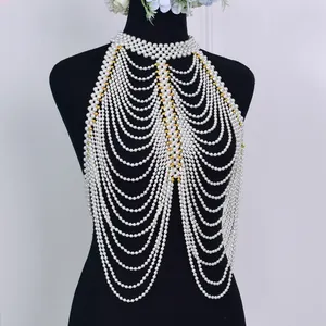 Cadena de hombro para boda, collar de chal de perlas, hecho a mano, con cuentas, cadena para el cuerpo, joyería para mujer