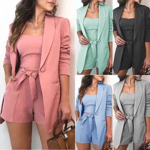 calças casacos blazers Suppliers-Blazer feminino sexy em cor sólida, casaco e calça, conjunto curto, blazer, feminino