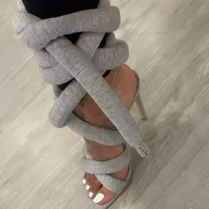 Custom Design Colors Solid Grey Square Toe Stiletto Sandals Women Summer Cross Puff Straps High Slim Heel Shoes