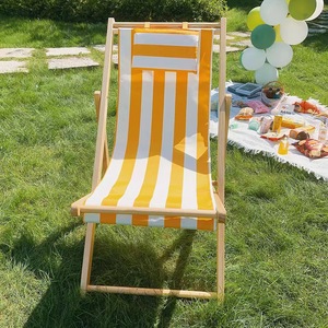 Chaise de plage en bois pliable en toile, chaise inclinable portable d'extérieur, rayée verte et blanche - Product Image 2