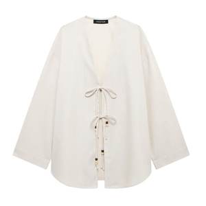 2024 femmes rétro Chic été décontracté Chic à lacets chemise nouvelle mode rétro Style coton et <span class=keywords><strong>lin</strong></span> col <span class=keywords><strong>en</strong></span> v quatre couleurs <span class=keywords><strong>tailleur</strong></span>-<span class=keywords><strong>pantalon</strong></span> - Product Image 2