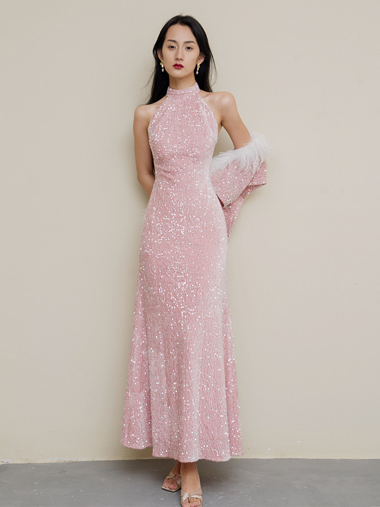 chinese dress ladies Pink Velvet Long Sleeve Maxi Dress main image 1