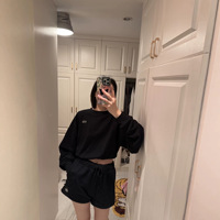 Spot Spring Summer New Casual Solid Cotton Terry 2 Piece Crewneck Long Sleeve Sweat Drawstring Shorts Set Women