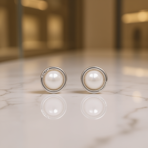 Pendientes de perlas de oro blanco con engaste en bisel, pendientes clásicos para mujer E3219 - Product Image 2