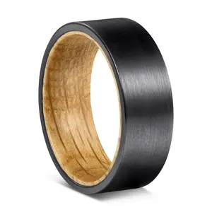 R006 natural oak wooden black bezel rings Mens engagement ring unique barrel wood grain inlay rock style flat bands dropshipping
