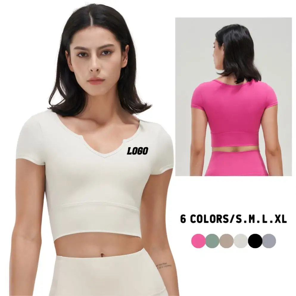 High Quality Ladies Short-Sleeved Plain Compression V-neck Padded Crop Tops T Shirt For Women