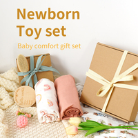 Nouveau lot personnalisé pour cadeau de douche de couverture de bébé nouveau-né avec motifs imprimés Ensembles d'emmaillotage et de jouets en mousseline de coton et de bambou pour bébé