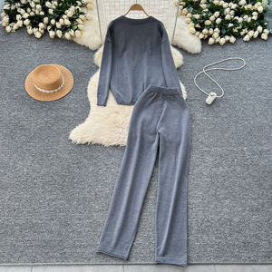 Traje informal de dos piezas para mujer, Top de manga larga con cuello y pantalones de cintura alta, conjunto de 2 uds barato para mujer - Product Image 5